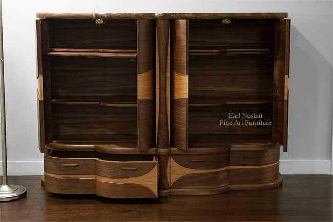 art deco bar cabinet with all doors open and one drawer open and showing adjustable shelves